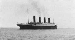 Titanic under way at a distance, photographed from astern; the last known photograph of the ship.